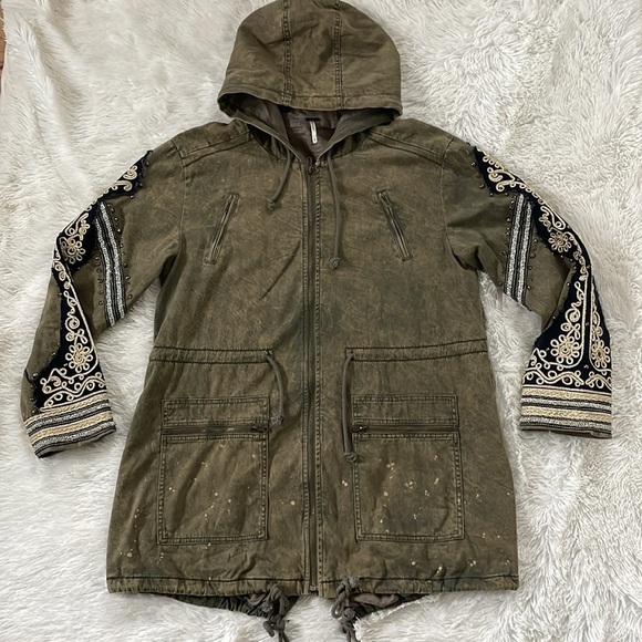 Free People Golden Quills Military Green Long Utility Coat Embroidered medium - Picture 3 of 14